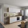 Moderne Küchenzeile in Weiß-Wotaneiche (240 cm) mit E-Geräten Set.