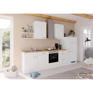 Vormontierte weiße Küchenzeile 330 cm mit E-Geräten, Vintage Eiche Arbeitsplatte, Backofen, Spüle, Dunstabzugshaube.