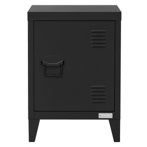 Schwarzer ML-Design Nachttisch im Industrie-Look, Stahl, 40x30x58 cm, mit Tür und Lüftungsschlitzen.