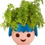 Lechuza Ojo Pflanzgefäß in Ocean Blue mit grüner Pflanze, im Playmobil-Look.