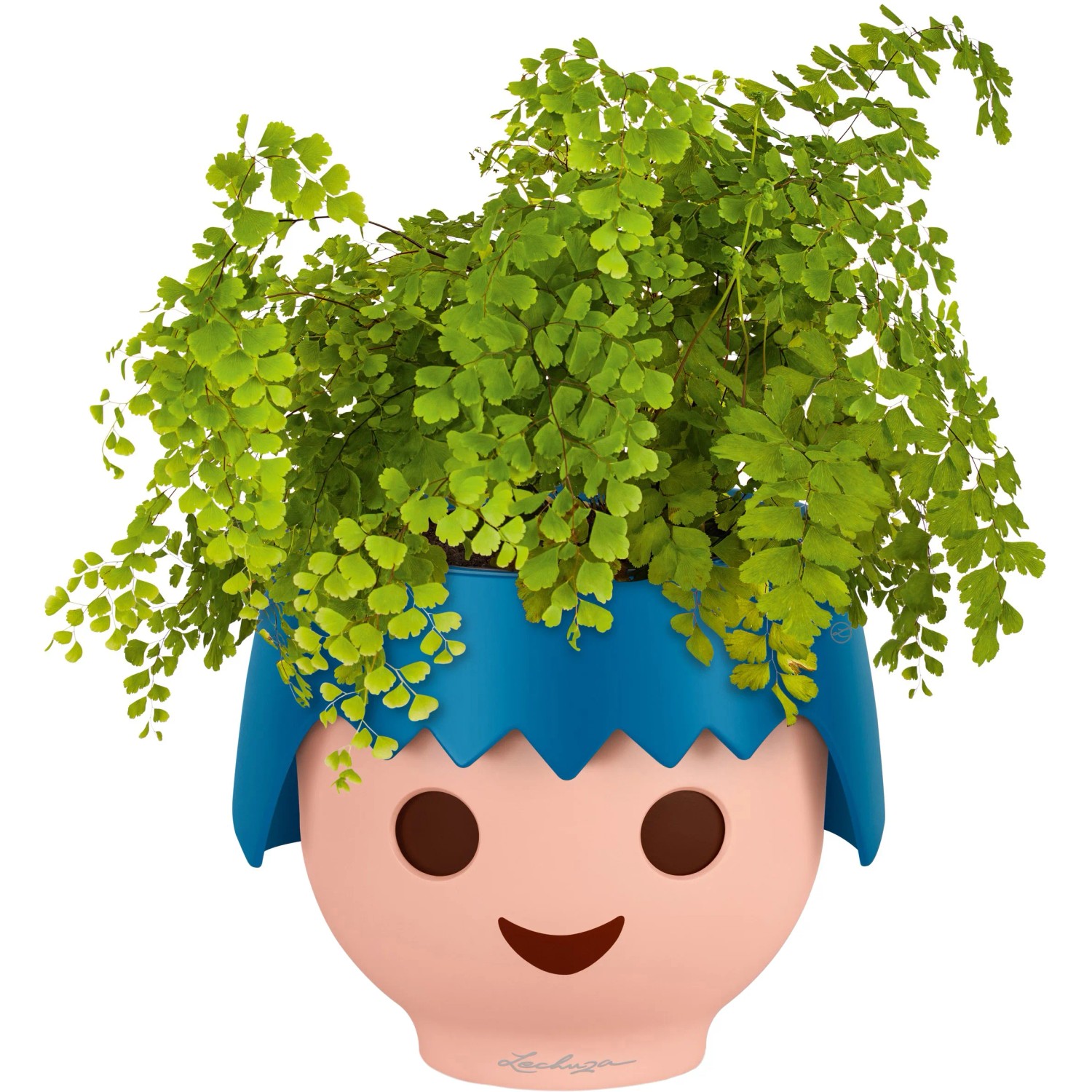 Lechuza Ojo Pflanzgefäß in Ocean Blue mit grüner Pflanze, im Playmobil-Look.