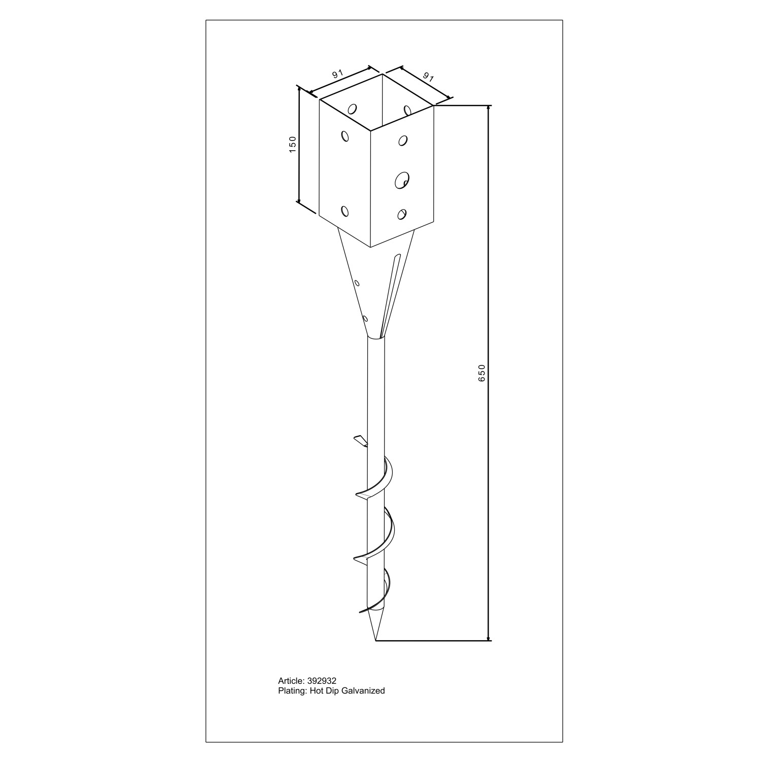 Feuerverzinkte Einschraubbodenhülse, 650 mm, für 90 mm Pfosten. Ideal für den Außenbereich.