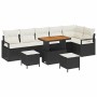 Schwarzes 9-teiliges Garten-Sofa-Set aus Poly Rattan mit Tisch und Kissen.