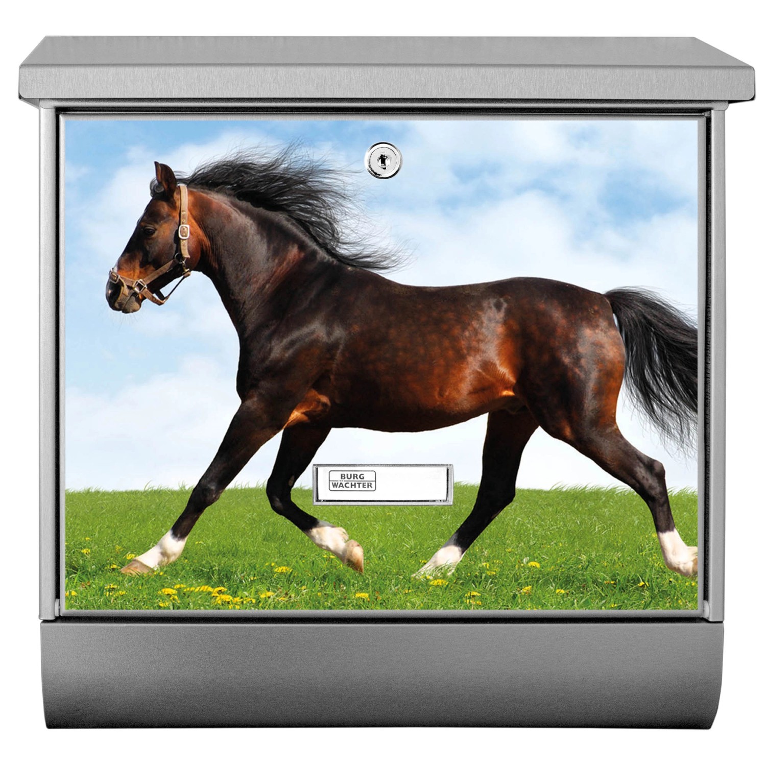 Edelstahl Briefkasten mit Zeitungsfach und Pferdemotiv von Banjado, 38x39x12cm.