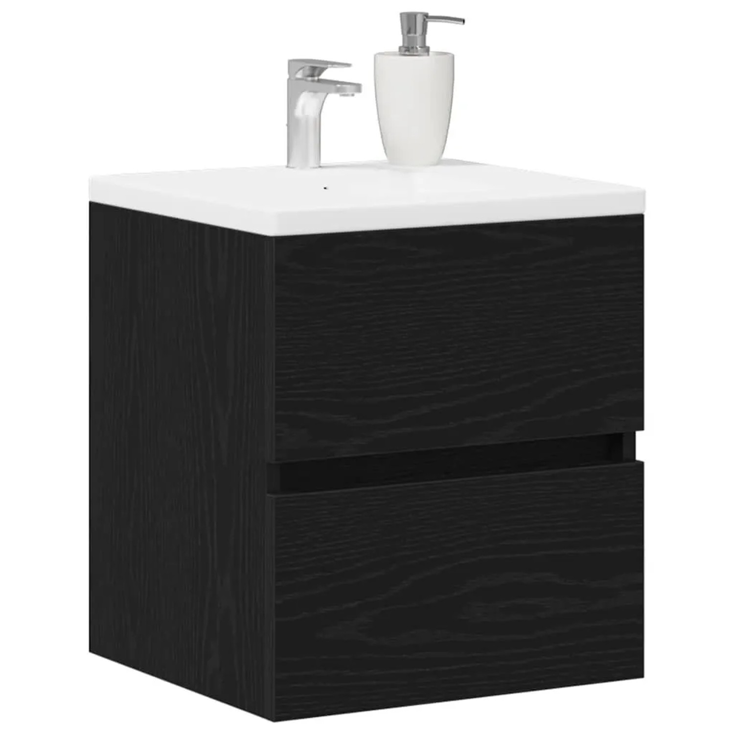 vidaXL Waschbeckenunterschrank in Eiche Schwarz mit zwei Schubladen und weißem Aufsatzwaschbecken.