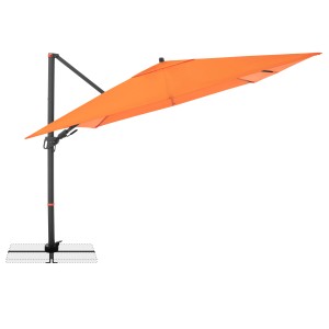 Quadratischer, orangefarbener Doppler Ampelschirm mit Dreh- und Neigungsfunktion.