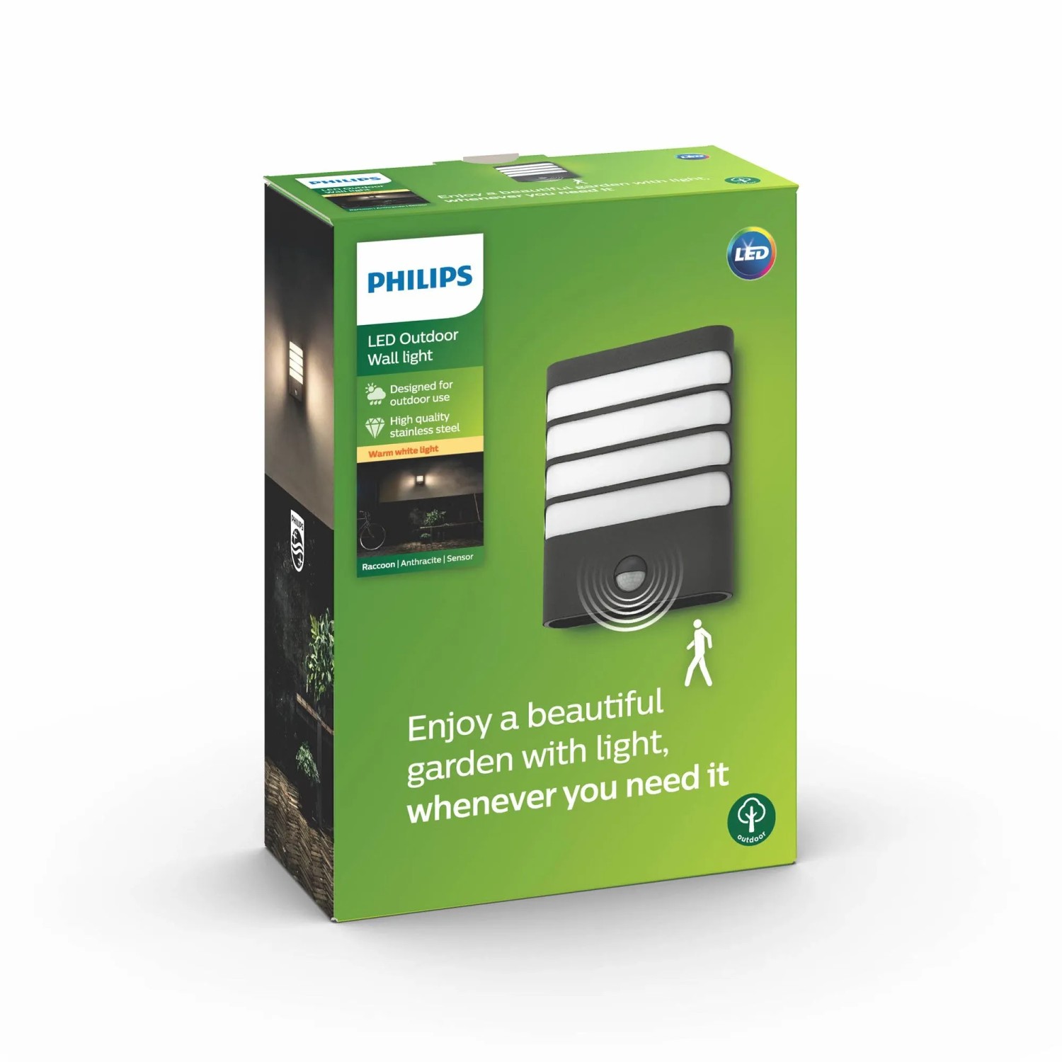 Verpackung der Philips LED-Wandleuchte MyGarden Raccoon in Anthrazit mit Bewegungssensor.