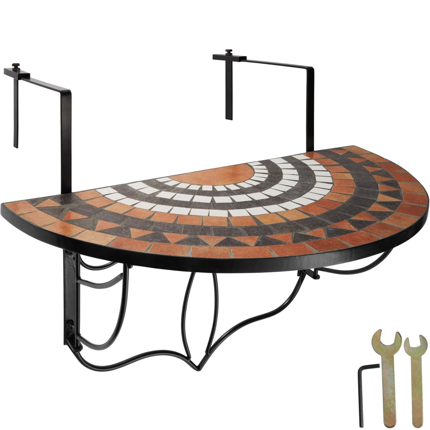 Tectake Balkontisch  Stahl  Mosaik und Zement Halbkreisförmig  Klappbar  75 x 65 x 62 cm Terracotta Weiß