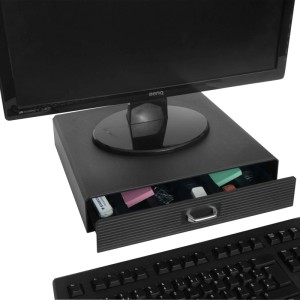 Schwarze MCW Monitorerhöhung mit offener Schublade für Büroutensilien. Schafft Ordnung am Schreibtisch.