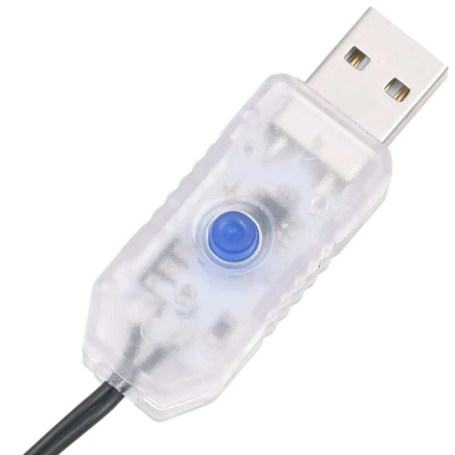 Detailaufnahme: USB-Stecker und Steuerung der vidaXL Lichterkette mit 8 Lichteffekten.