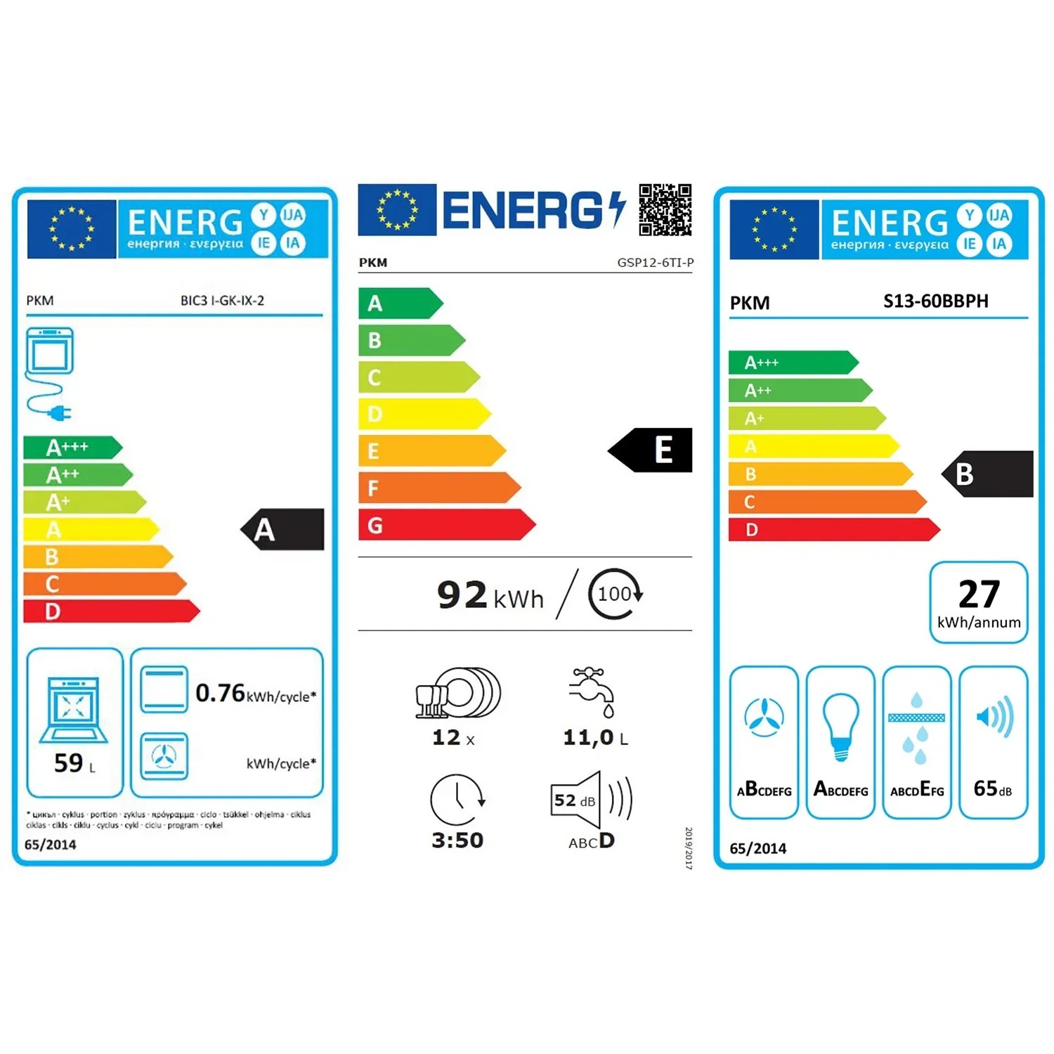 Energieetiketten für PKM-Geräte: Backofen BIC3I-GK-DX-2, Geschirrspüler GSP12-6TI-P, Kühlschrank S13-60BBPH.