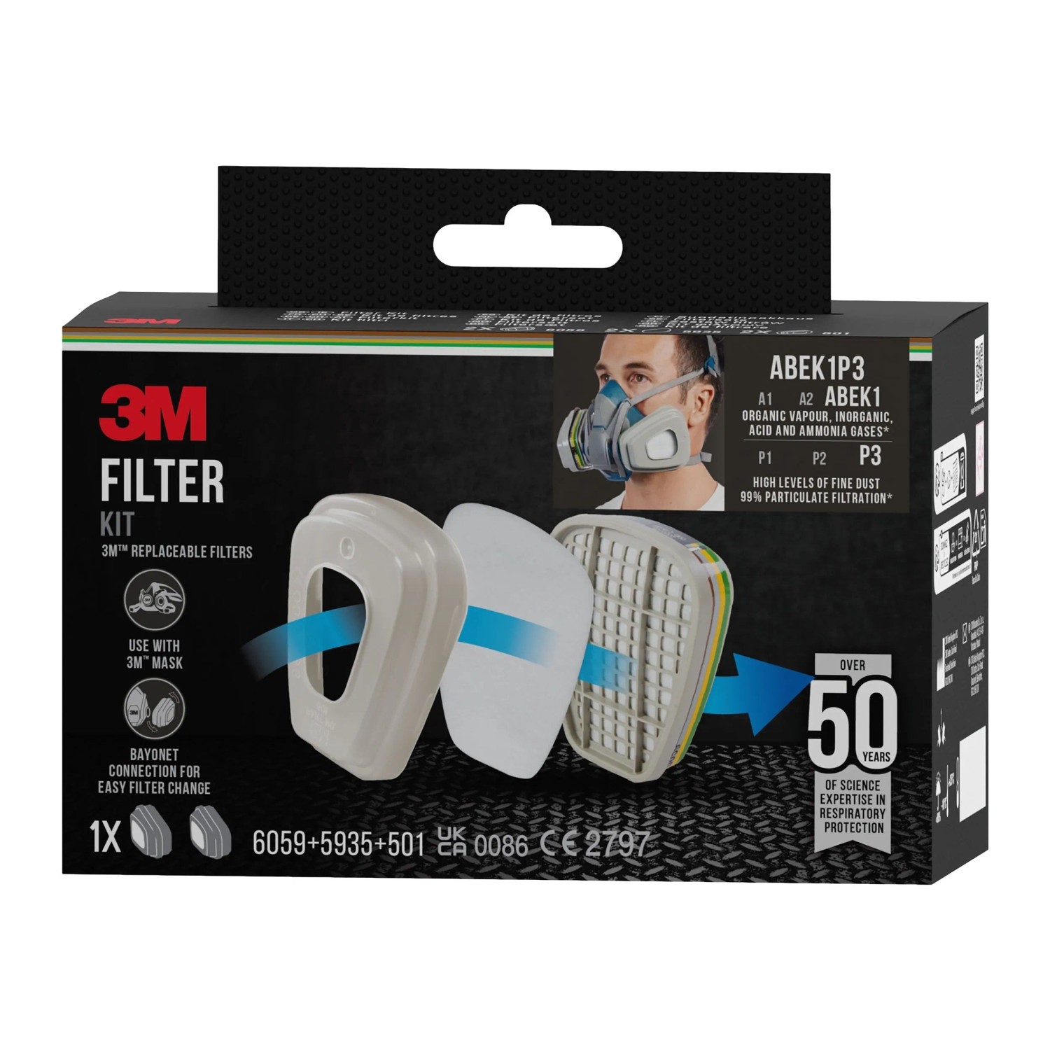 3M Pestizid-Filterkit 6004BC1 ABEK1P3 für Atemschutzmasken Serie 6000, zum Schutz vor Dämpfen und Feinstaub.