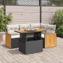 Schwarze 5-tlg. vidaXL Garten-Sofagarnitur aus Rattan mit Akazienholz-Tisch und Kissen.