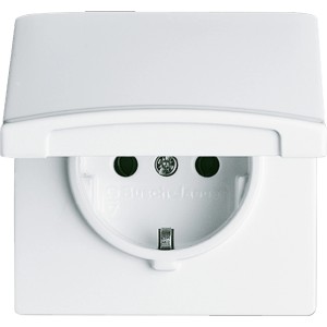 Busch-Jaeger Allwetter Steckdose in Alpinweiß mit geöffnetem Klappdeckel.