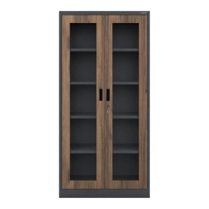 JAN NOWAK Metallschrank mit Vitrine AMELIA 185x90x40 cm Anthrazit Nussbaum