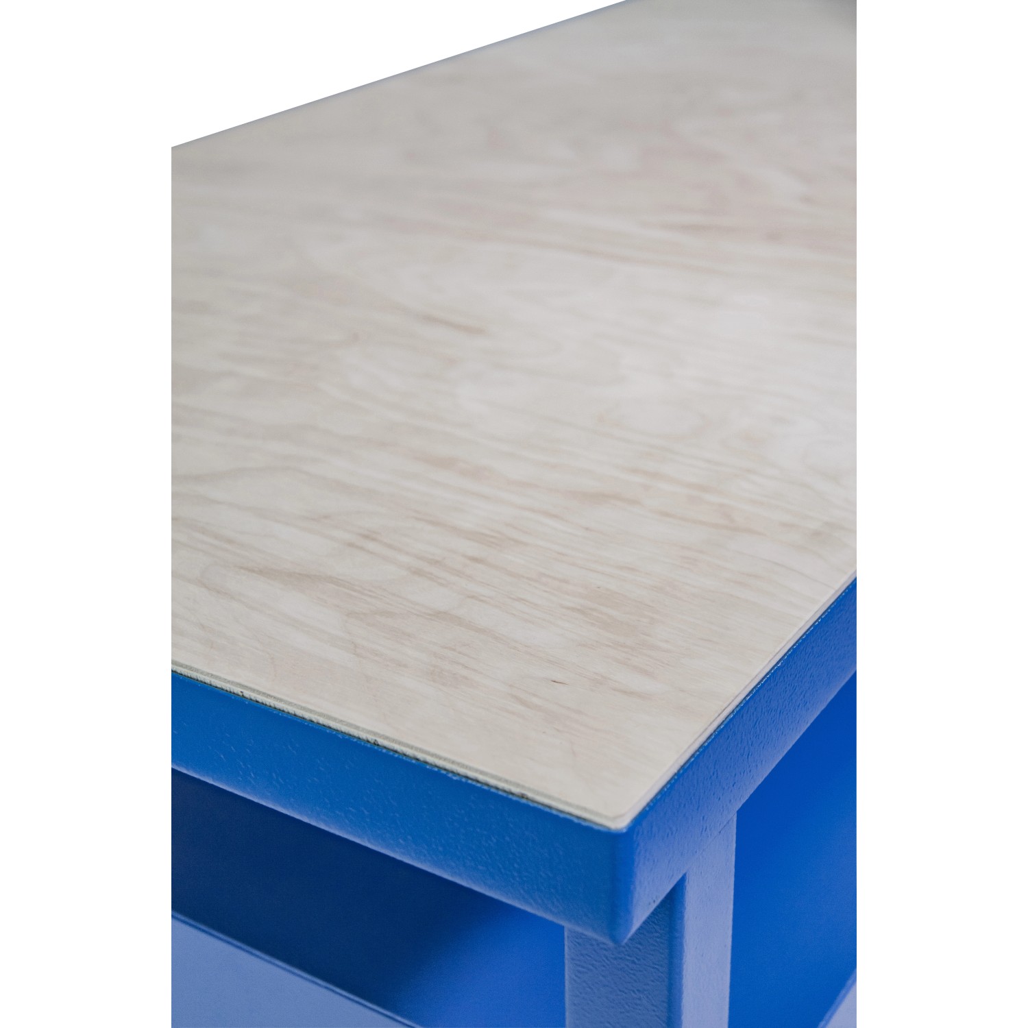 Detailansicht: Güde Werkbank P 1200 T in Grau-Blau mit hellbrauner Arbeitsplatte.