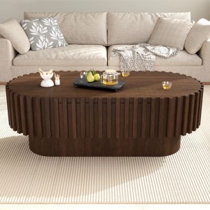 Merax Couchtisch Oval 100x50x35 cm Schublade Lamellenoptik Walnussoptik