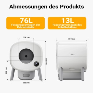 Maße der Fudajo selbstreinigenden Katzentoilette: 55x66,5x50 cm. 76L Katzenklo, 13L Abfallbehälter. Automatisch.