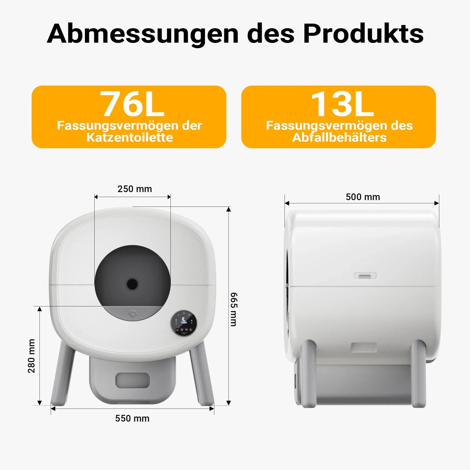 Maße der Fudajo selbstreinigenden Katzentoilette: 55x66,5x50 cm. 76L Katzenklo, 13L Abfallbehälter. Automatisch.