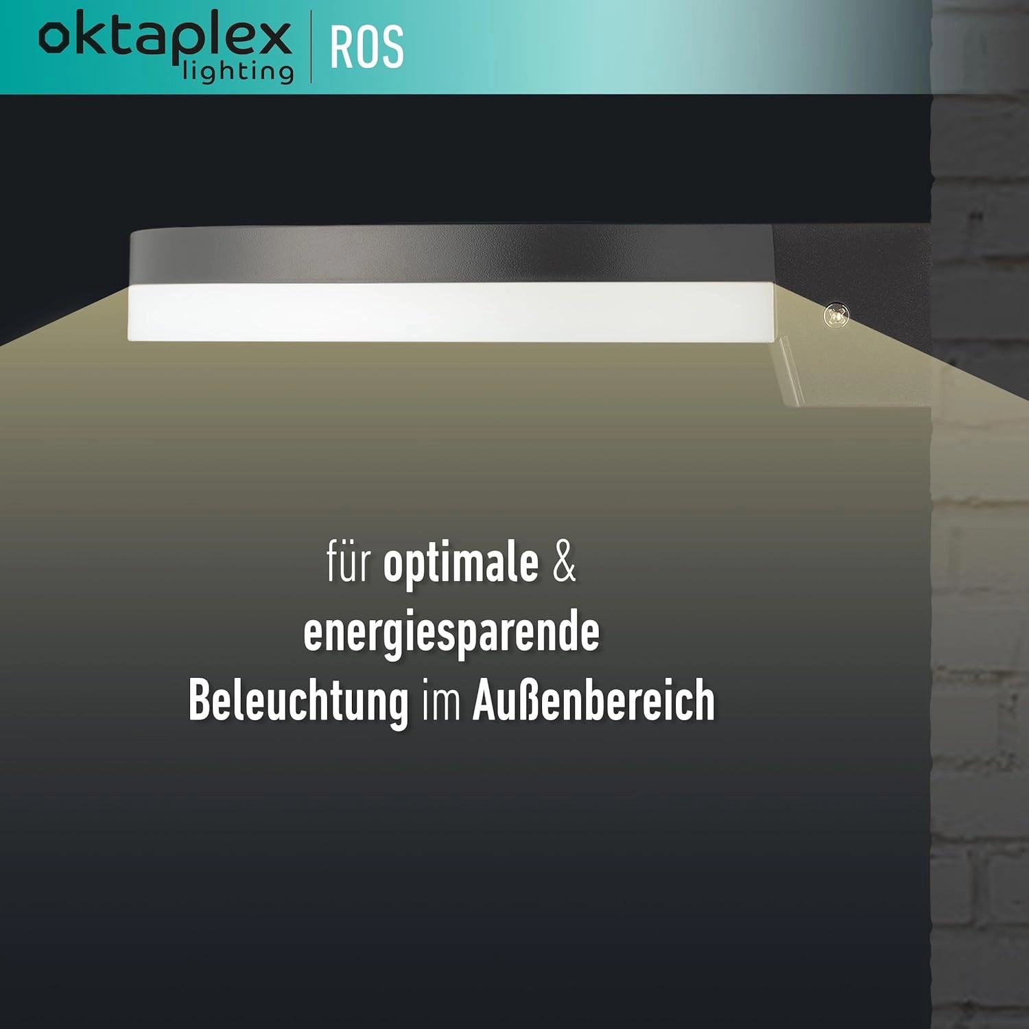 Flache, anthrazitfarbene LED Außenleuchte Oktaplex Ros mit warmweißem Licht an einer Wand.