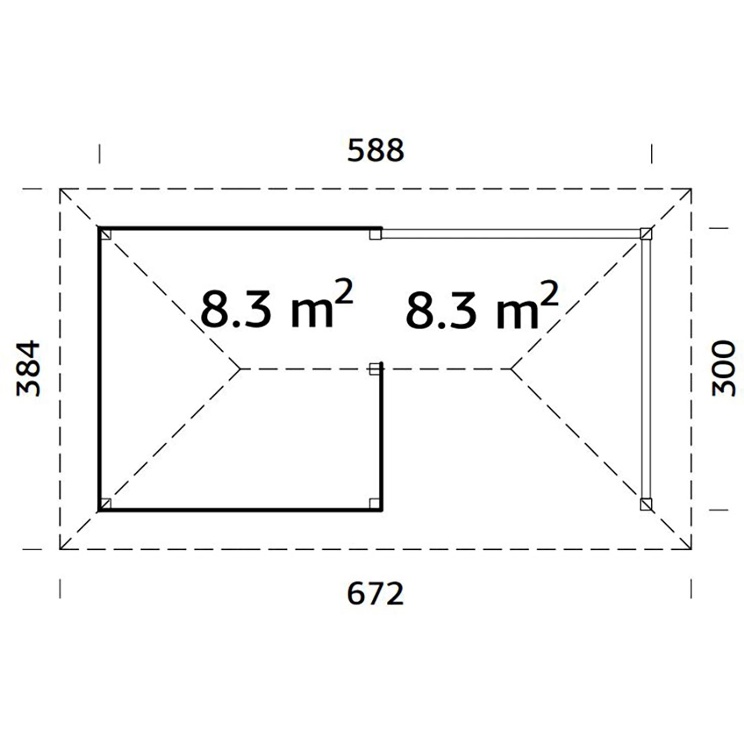 Grundriss Palmako Holz-Pavillon Bianca 16,6 m² Set 3: Maße und Aufteilung des unbehandelten Pavillons.