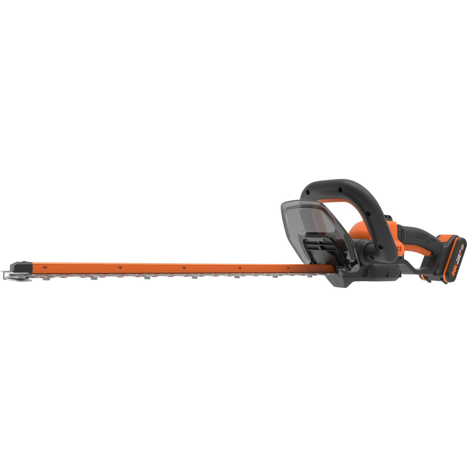 Worx Akku-Heckenschere WG264E 20 V mit orangefarbener Klinge und schwarzem Griff.