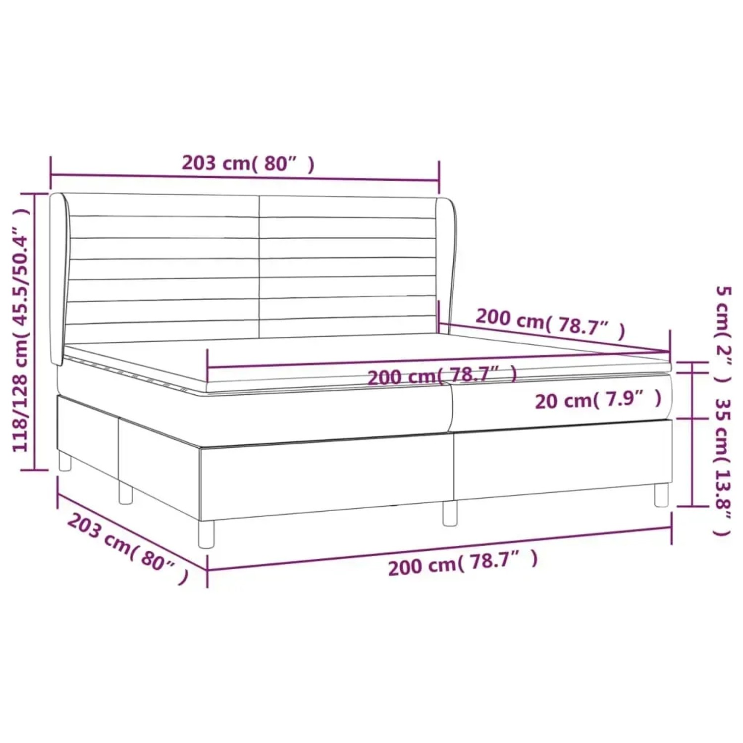 vidaXL Boxspringbett Taupe 200x200 cm mit Matratze, Stoffbezug, Größenangaben.
