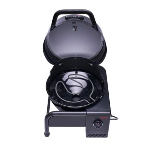 Offener, schwarzer Char-Broil Elektrogrill Patio Bistro Cube mit Heizelement.