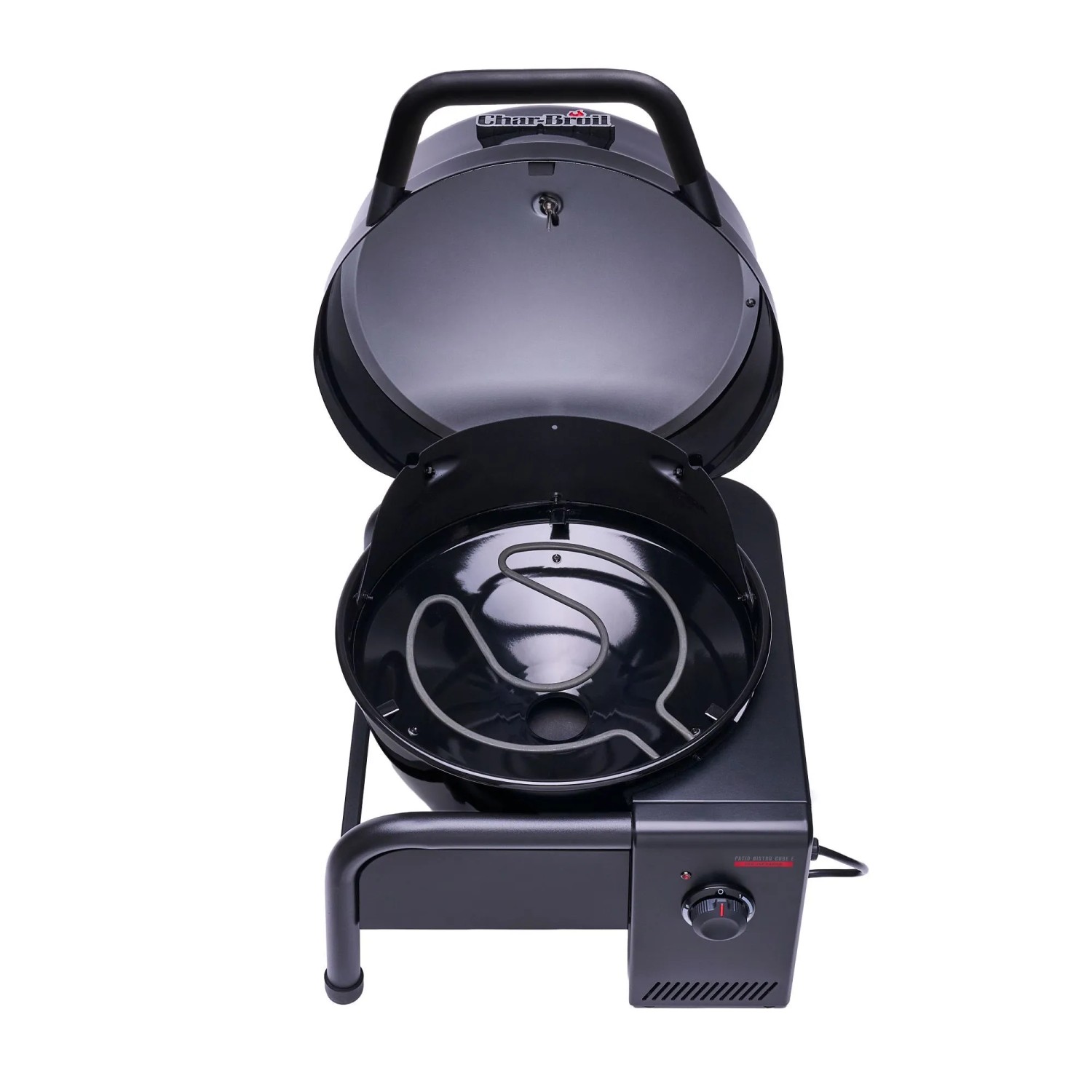 Offener, schwarzer Char-Broil Elektrogrill Patio Bistro Cube mit Heizelement.
