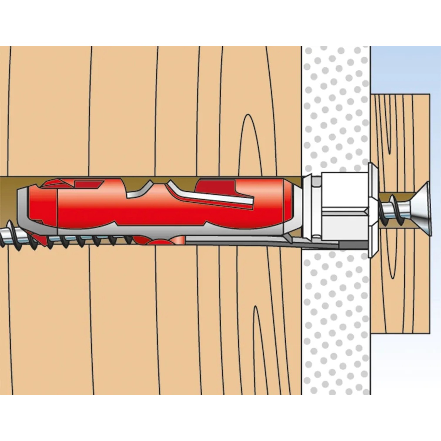 Illustration: Fischer Duotec Kippdübel (10 Stück) in Wand mit Schraube. Dübel für Hohlräume und Vollmaterial.