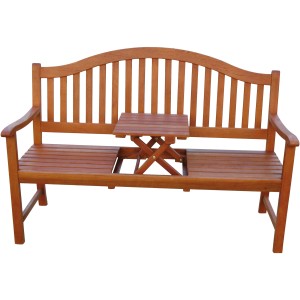 3-Sitzer Gartenbank Phuket aus Eukalyptusholz mit integriertem, hochklappbarem Tisch.