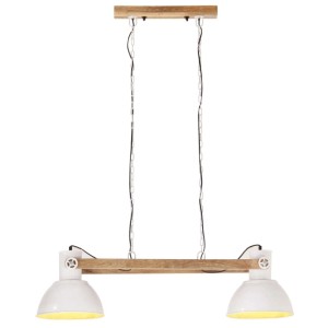 Weiße Industrie Hängelampe mit 2 Lampenschirmen und Holzdetails. 109 cm lange Deckenleuchte.