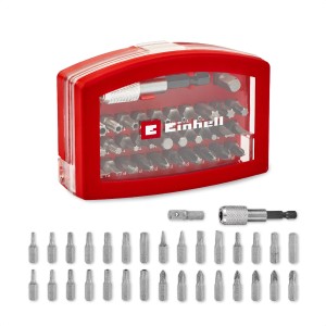 Einhell Bit-Set, 32-teilig, mit Bits, Bithalter und Adapter in roter Box mit Gürtelclip.