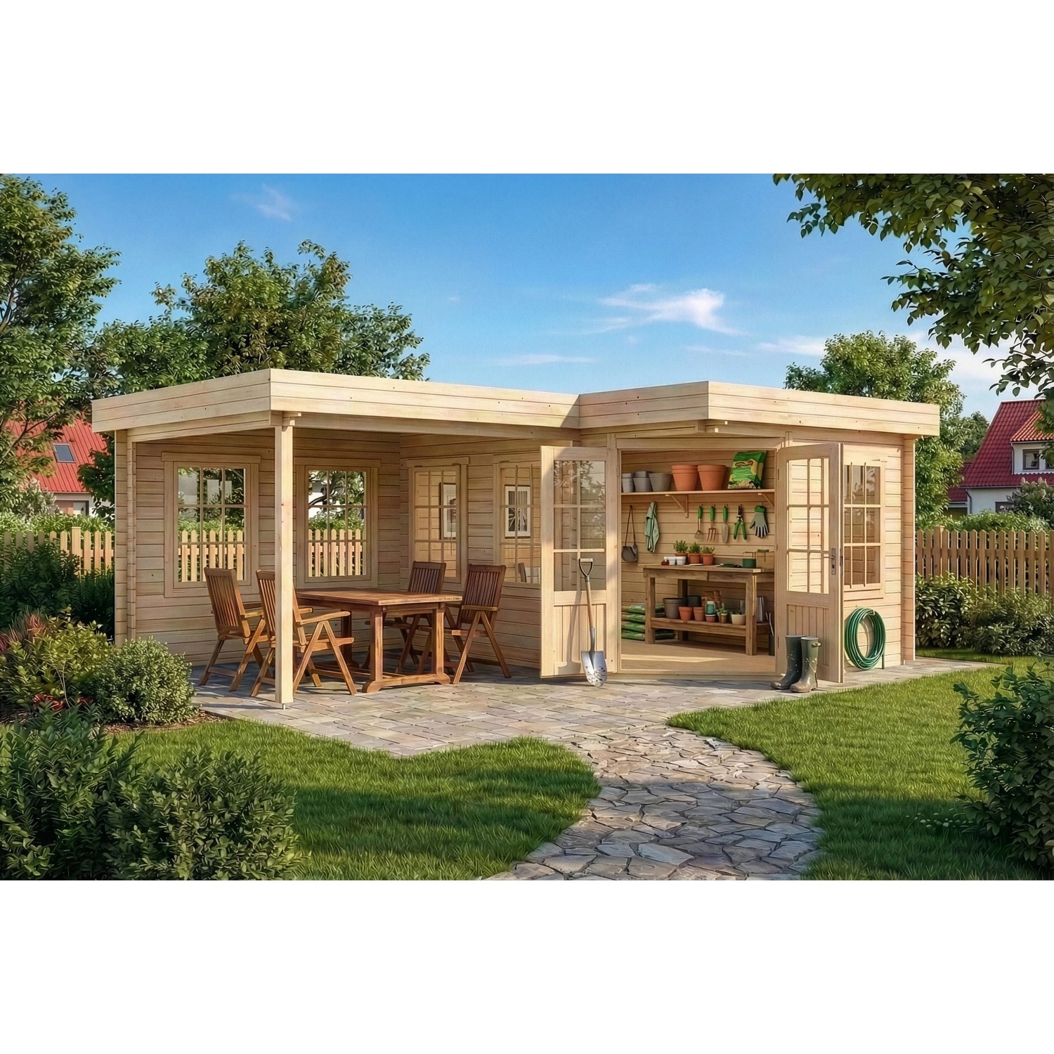 Alpholz 5-Eck Gartenhaus Pepe Flachdach Unbehandelt 422 cm x 276 cm