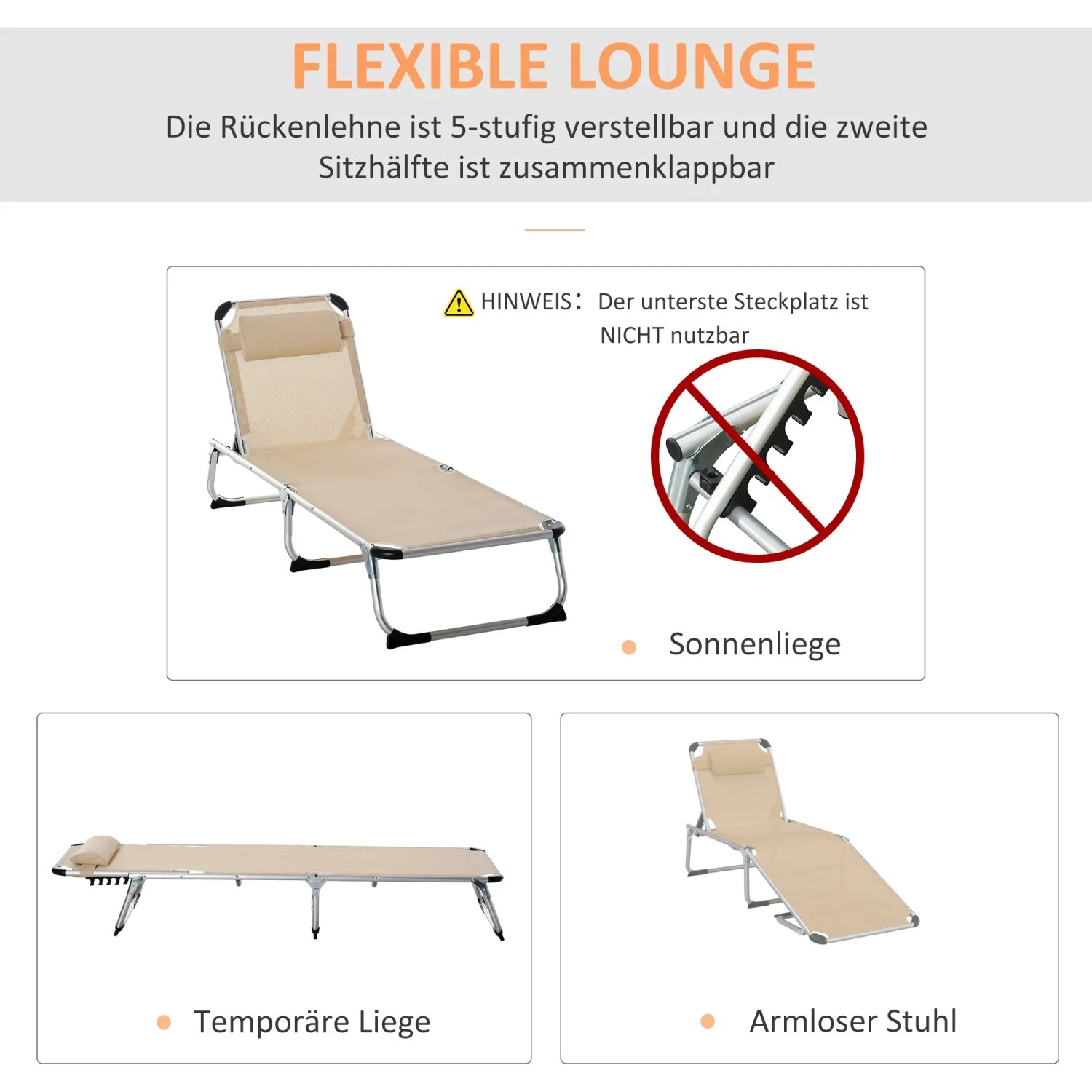 Beige Outsunny Gartenliege mit Kopfkissen, klappbar und ergonomisch für entspannte Stunden im Garten.