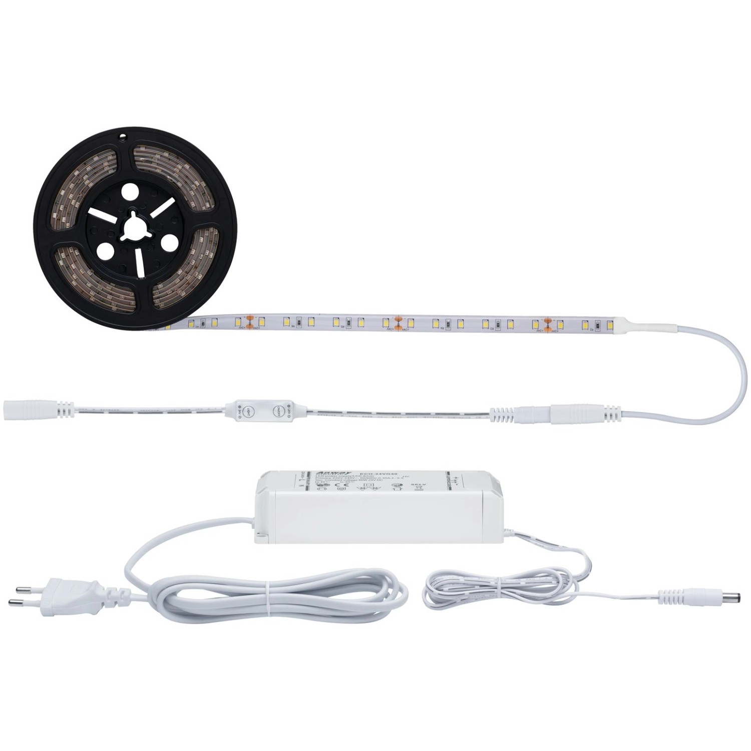 Paulmann LED-Power Strip Set 3m Neutralweiß, aufgerollt und mit Zubehör wie Dimmer und Netzteil.