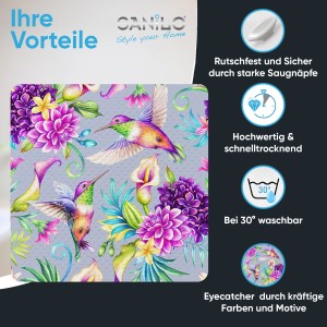 Sanilo Badematte Kolibri: Rutschfeste Duschmatte mit farbenfrohem Blumen- und Vogelmuster.