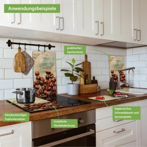 Banjado 2-teilige Herdabdeckplatte aus Glas mit Kaffeebohnen-Motiv als Schneidebrett und Spritzschutz.