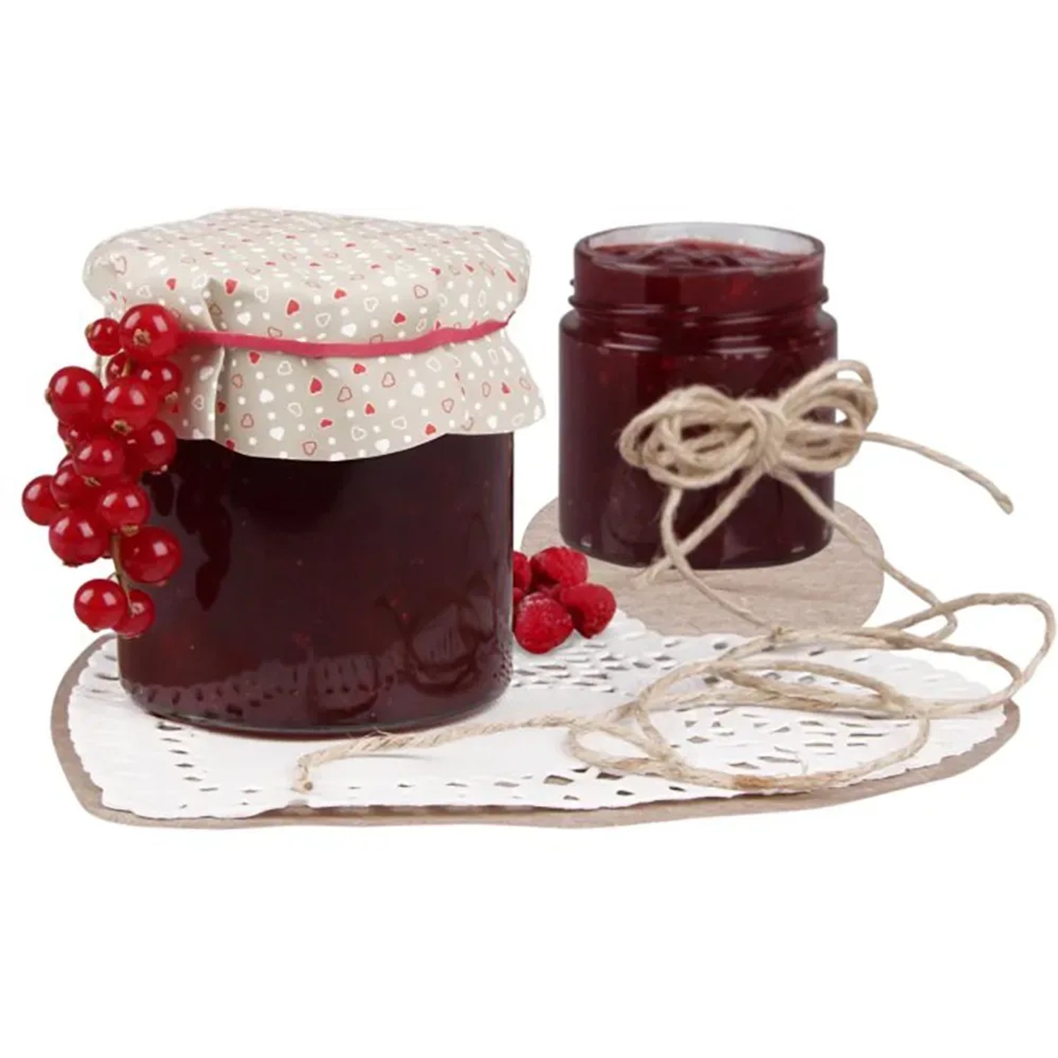 Dr. Oetker Deckchen-Set: 2 Marmeladengläser, eins mit Deckchen und Gummis, dekoriert mit Beeren.