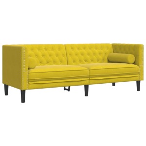 Gelbes 3-Sitzer Chesterfield Sofa aus Samt mit Nackenrollen. Klassisches Design für Wohnzimmer.