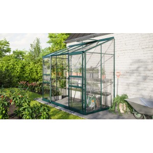 Vitavia Gewächshaus Ida 3300 Smaragd, 3,3 m², Anlehngewächshaus mit Regalen und Pflanzen.