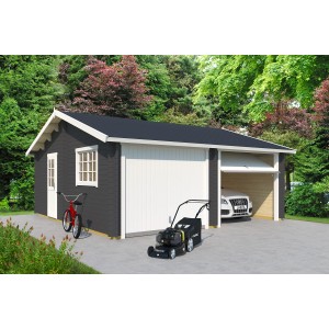 Lasita Maja Doppelgarage Falkland in Carbongrau mit Schwingtor, Auto und Gartengeräten.