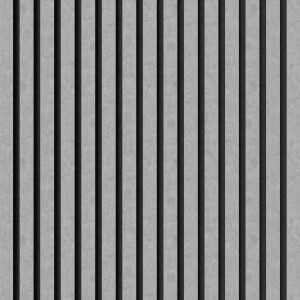 Akustikpaneel Muster Betongrau: Laminatpaneel mit schwarzen Filzstreifen zur Schallabsorption.