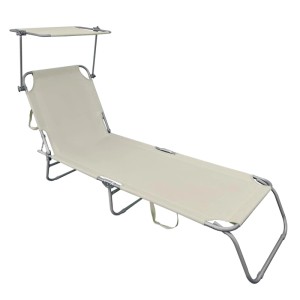 Beige Lex XL Gartenliege mit 3 Beinen, Sonnendach und Trageschlaufen, klappbar. Ideal für Garten & Strand.