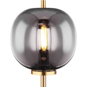 Globo Design-Tischlampe Blacky I mit Rauchglas und messingfarbenem Metallsockel.