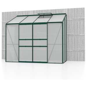 Grünes Vitavia Anlehn-Gewächshaus Ida 3300 mit Hohlkammerplatten an einer Wand. Ideal für Terrasse und Balkon.