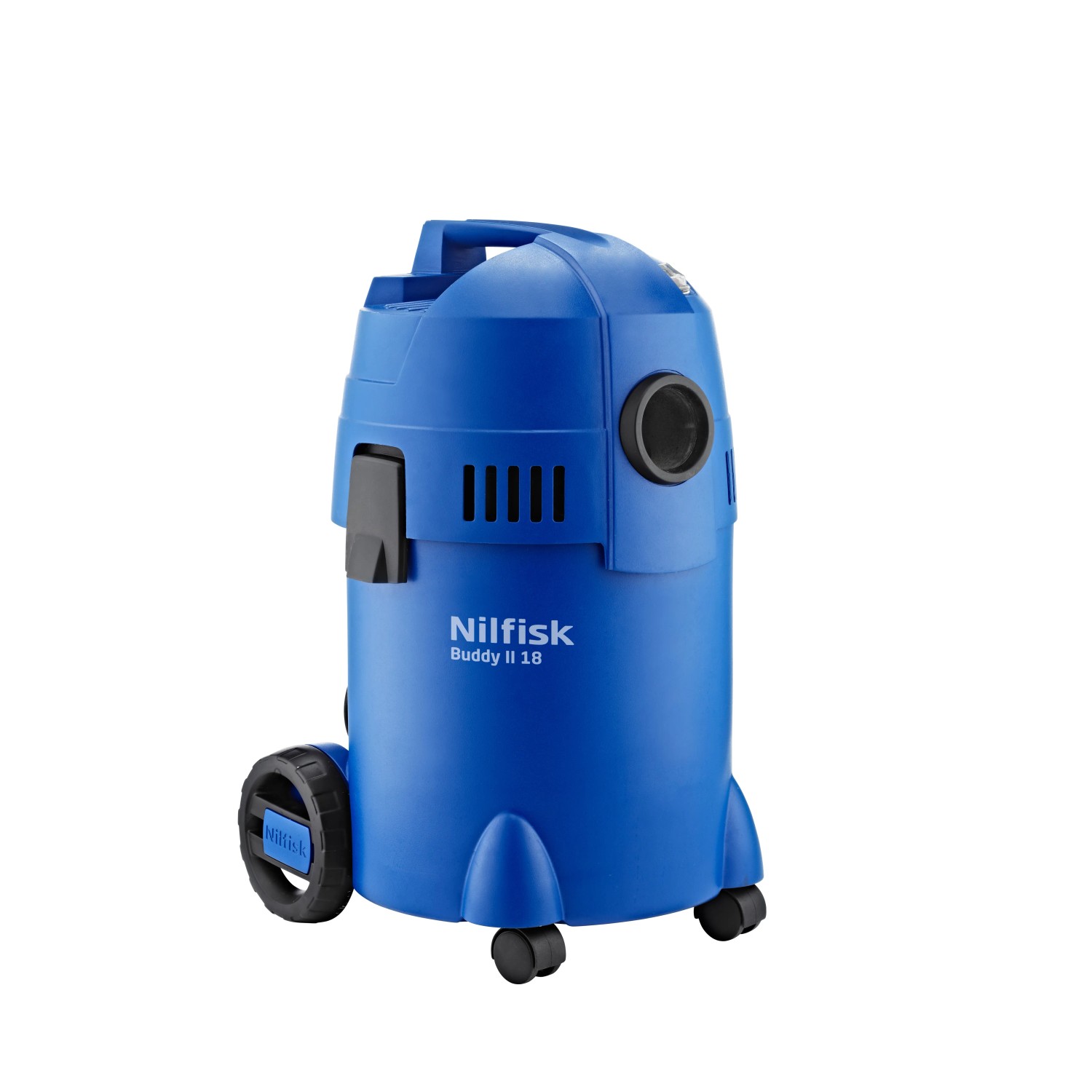 Blauer Nilfisk Nass- und Trockensauger Buddy II 18 mit Rädern und Tragegriff.