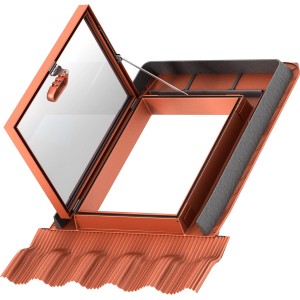 Geöffneter Velux Dachausstieg GVT 103, ziegelrot, mit Wärmedämmung. Fenster-Zubehör für Handwerker.