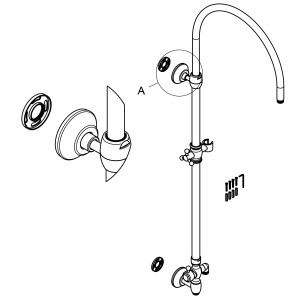 Skizze: PaulGurkes Aufputz Duschsystem in Gold mit Regendusche, Details zur Montage.