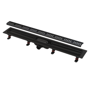 Alcadrain Duschrinne, 650mm, schwarz-matt, mit perforiertem Rost. Bodenebene Entwässerung für Dusche und Bad.